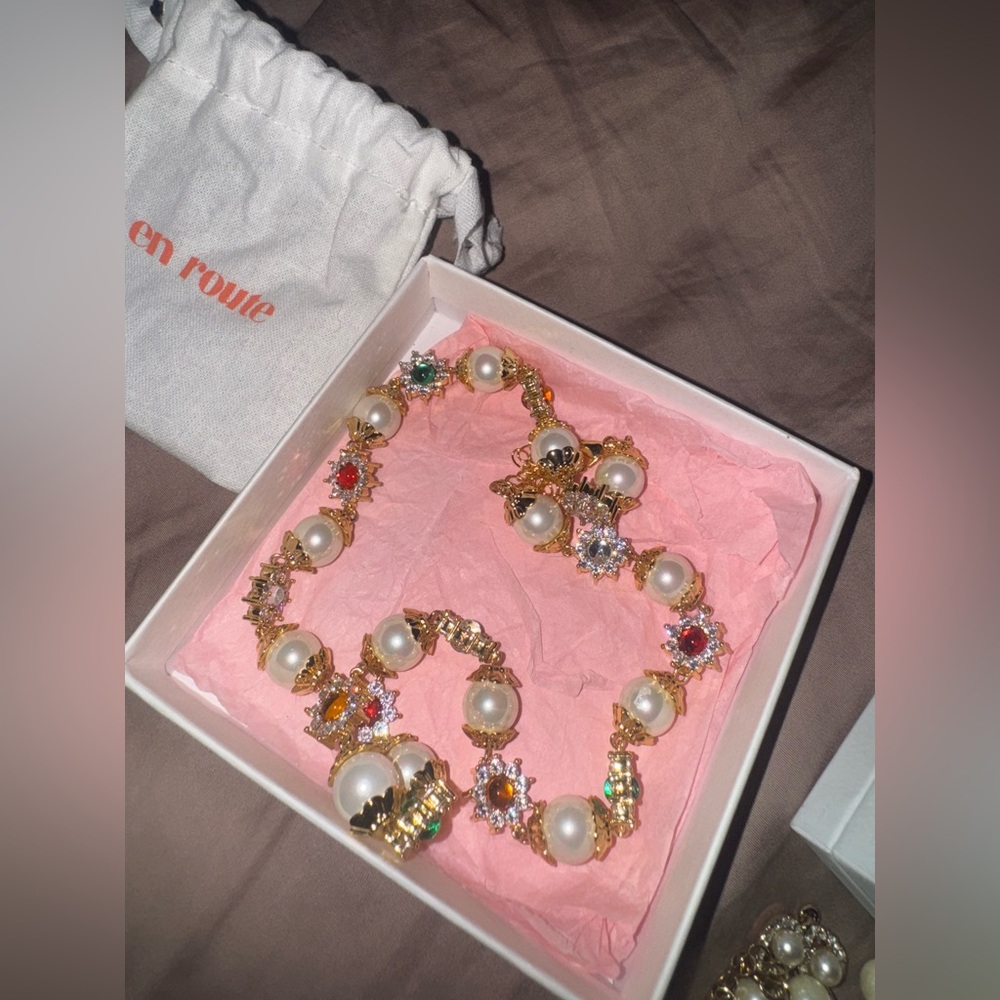 Gold Pearl and Multicolor Crystal Necklace